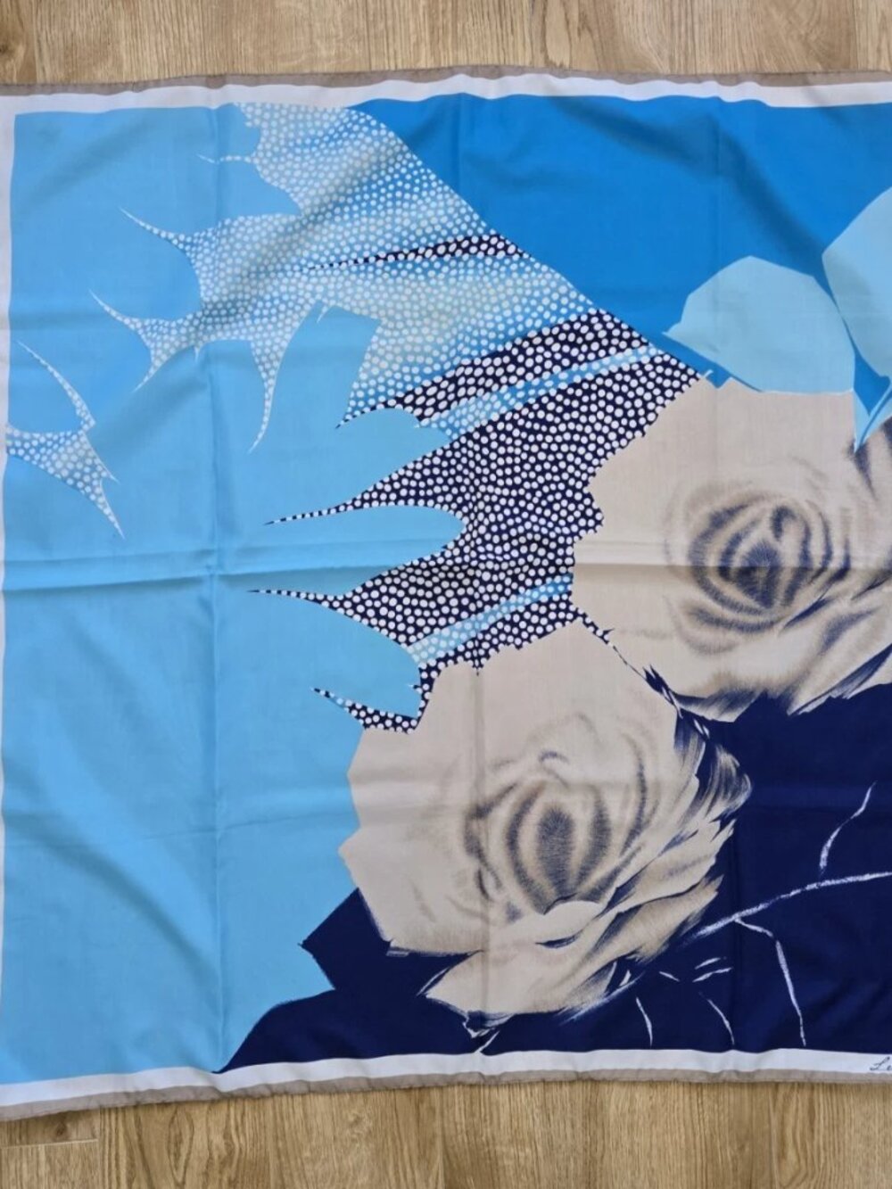 SILK Scarf Vintage LEONARDI in Shades of Blue + Tan. 31.5 inches x 31.5 inches